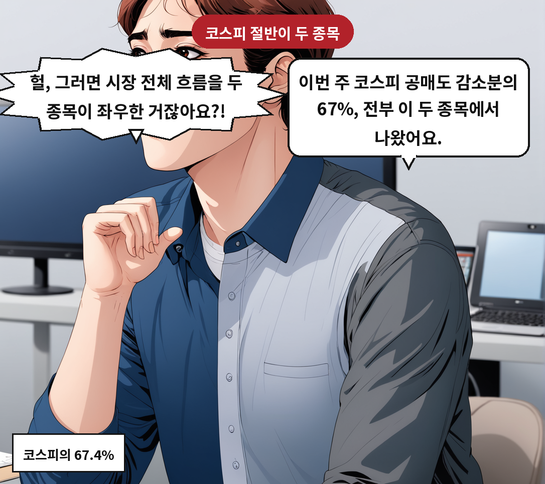 A: 이번 주 코스피 공매도 감소분의 67%, 전부 이 두 종목에서 나왔어요. B: 헐, 그러면 시장 전체 흐름을 두 종목이 좌우한 거잖아요?!