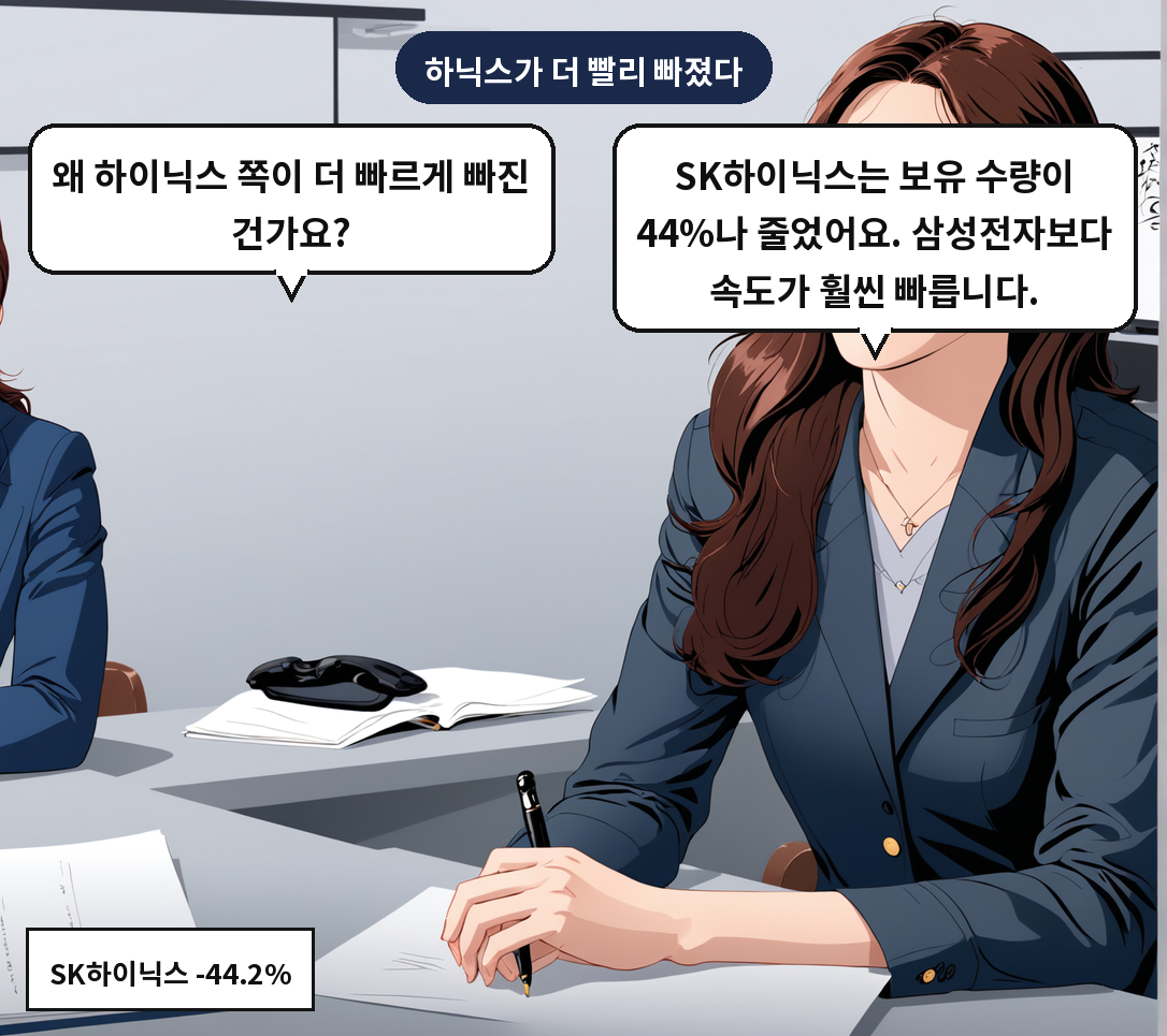 A: SK하이닉스는 보유 수량이 44%나 줄었어요. 삼성전자보다 속도가 훨씬 빠릅니다. B: 왜 하이닉스 쪽이 더 빠르게 빠진 건가요?