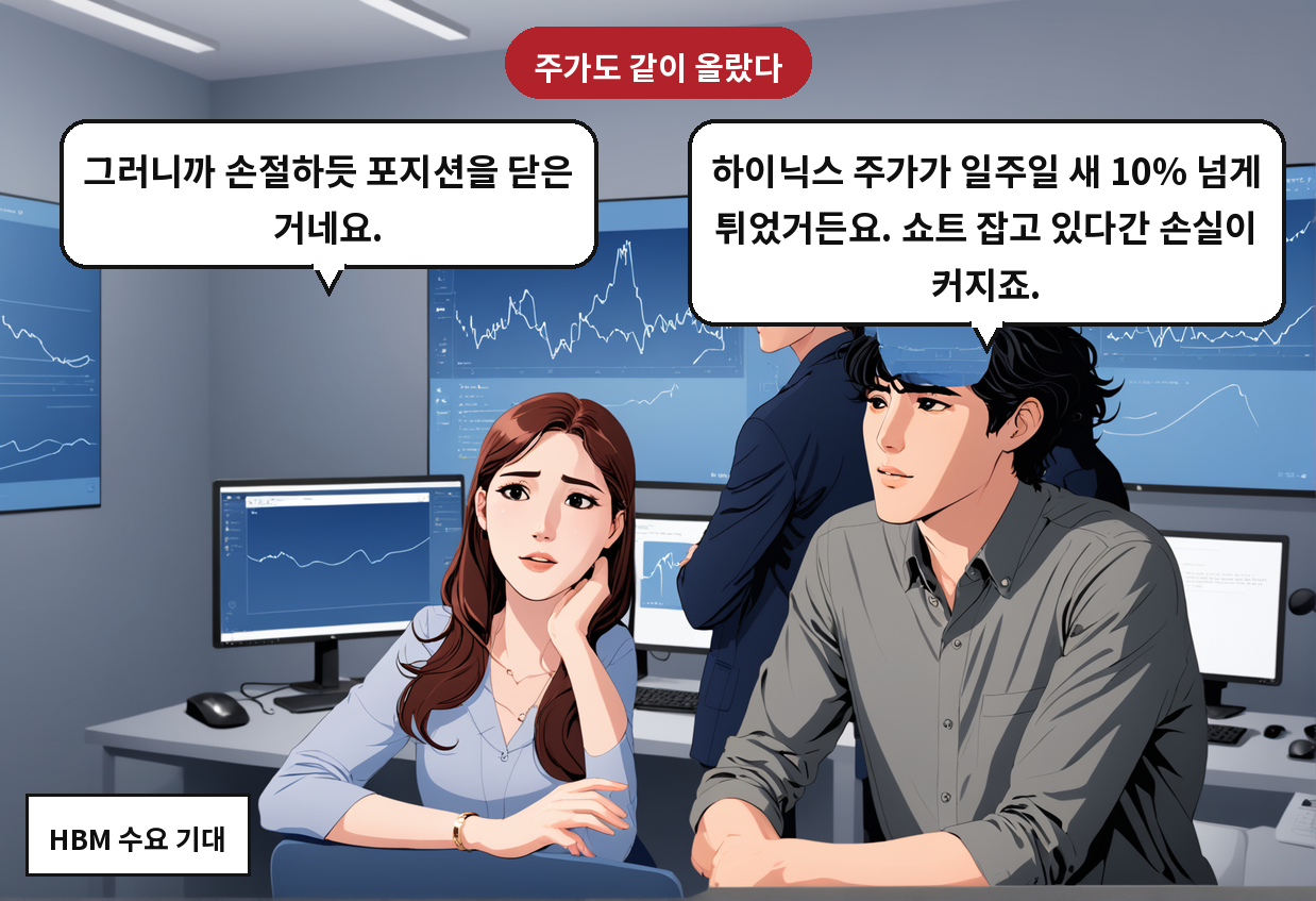 A: 하이닉스 주가가 일주일 새 10% 넘게 튀었거든요. 쇼트 잡고 있다간 손실이 커지죠. B: 그러니까 손절하듯 포지션을 닫은 거네요.