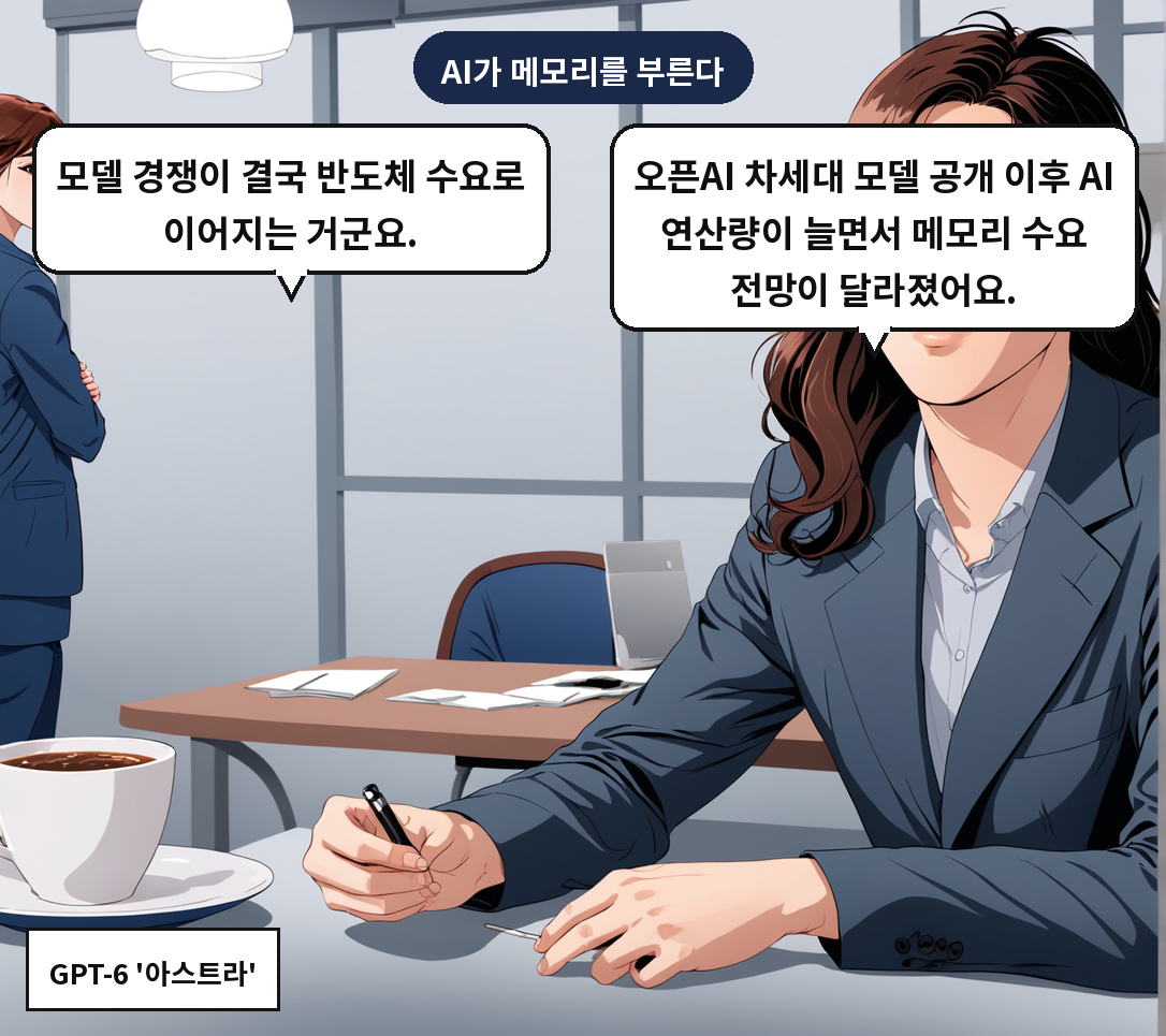 A: 오픈AI 차세대 모델 공개 이후 AI 연산량이 늘면서 메모리 수요 전망이 달라졌어요. B: 모델 경쟁이 결국 반도체 수요로 이어지는 거군요.