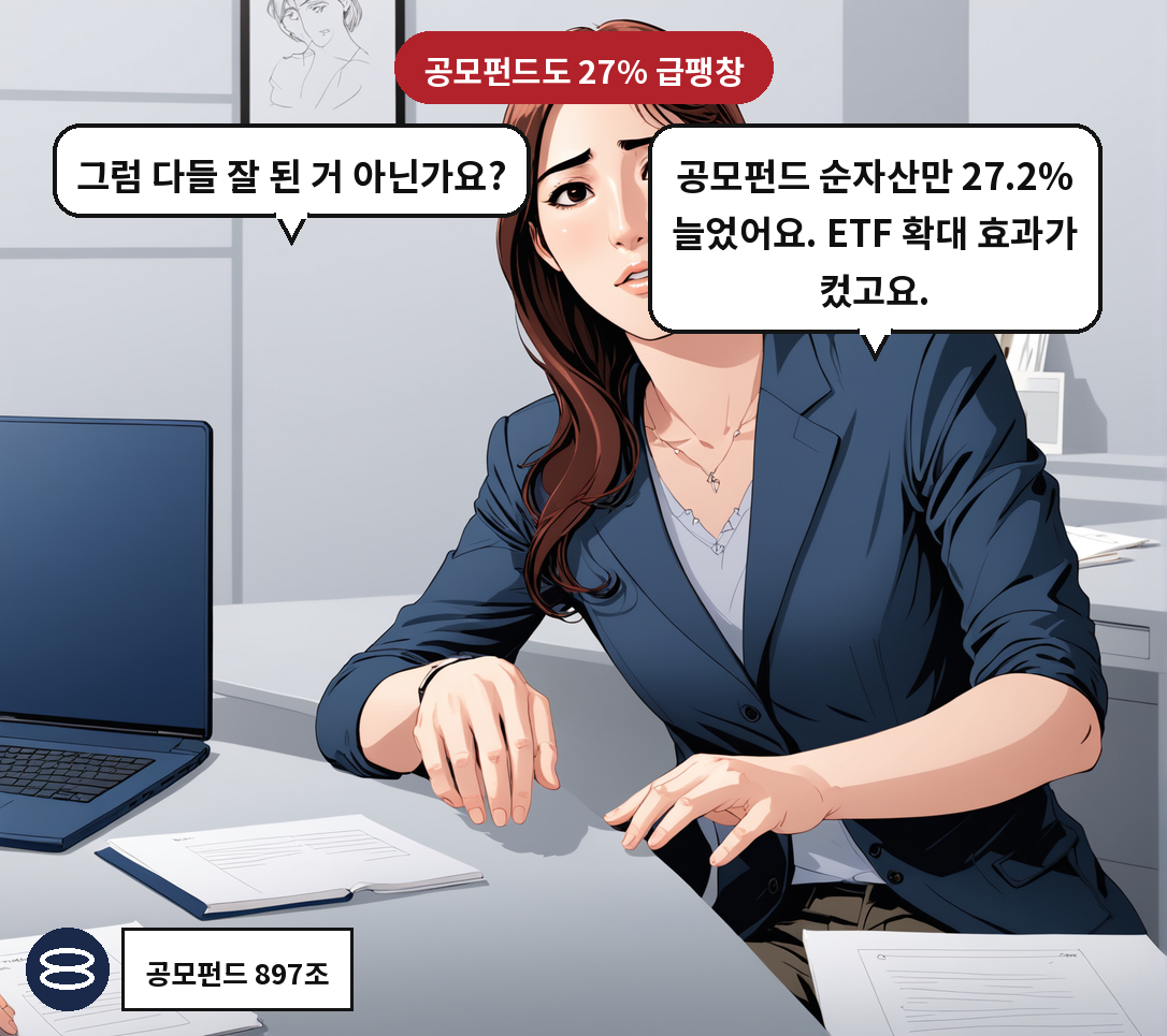 B: 공모펀드 순자산만 27.2% 늘었어요. ETF 확대 효과가 컸고요. A: 그럼 다들 잘 된 거 아닌가요?