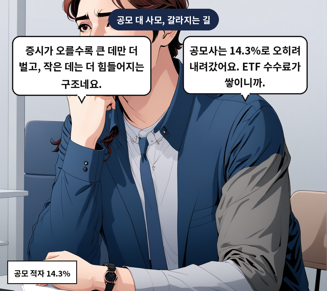 B: 공모사는 14.3%로 오히려 내려갔어요. ETF 수수료가 쌓이니까. A: 증시가 오를수록 큰 데만 더 벌고, 작은 데는 더 힘들어지는 구조네요.