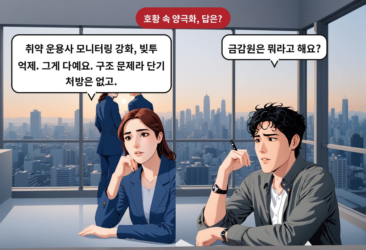 A: 금감원은 뭐라고 해요? B: 취약 운용사 모니터링 강화, 빚투 억제. 그게 다예요. 구조 문제라 단기 처방은 없고.