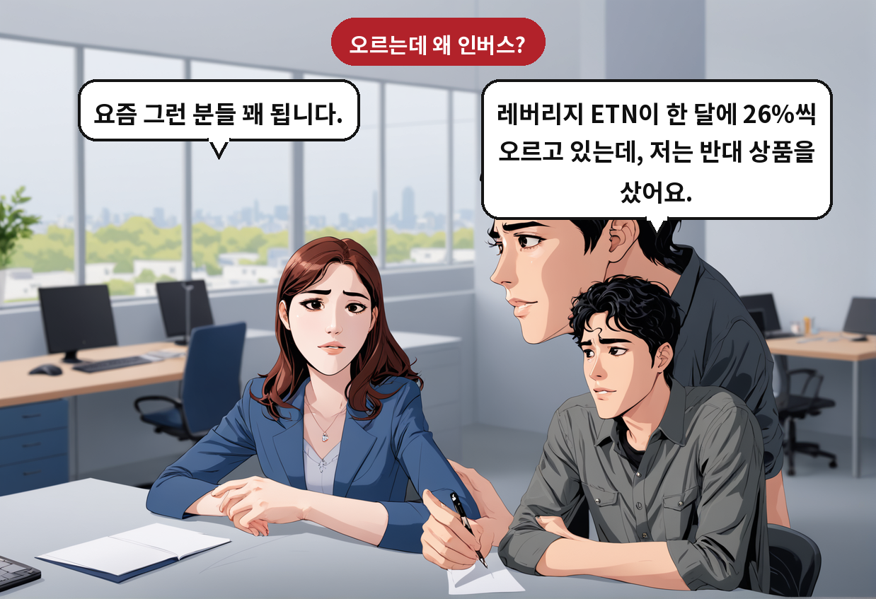 B: 레버리지 ETN이 한 달에 26%씩 오르고 있는데, 저는 반대 상품을 샀어요. A: 요즘 그런 분들 꽤 됩니다.