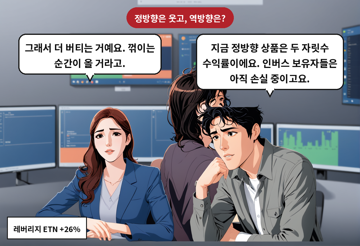 A: 지금 정방향 상품은 두 자릿수 수익률이에요. 인버스 보유자들은 아직 손실 중이고요. B: 그래서 더 버티는 거예요. 꺾이는 순간이 올 거라고.