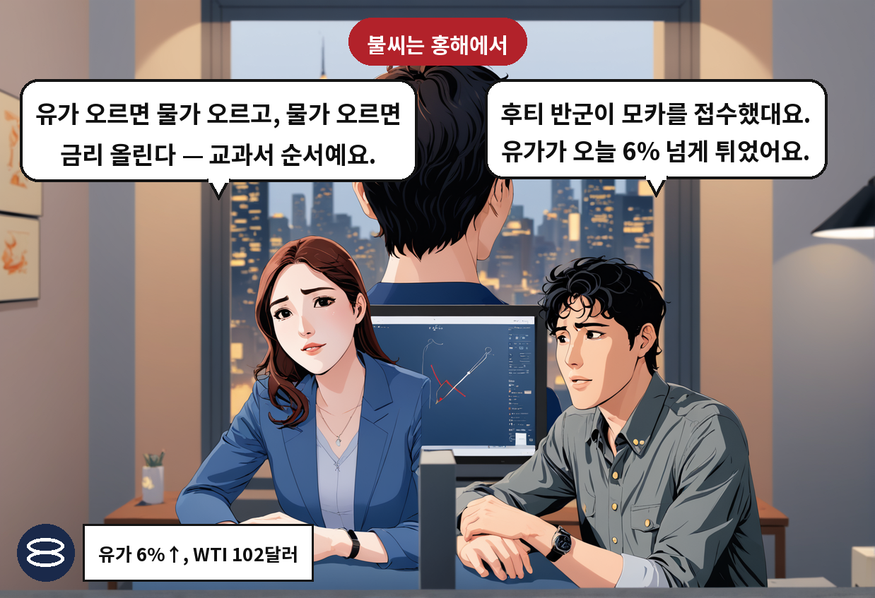 B: 후티 반군이 모카를 접수했대요. 유가가 오늘 6% 넘게 튀었어요. A: 유가 오르면 물가 오르고, 물가 오르면 금리 올린다 — 교과서 순서예요.