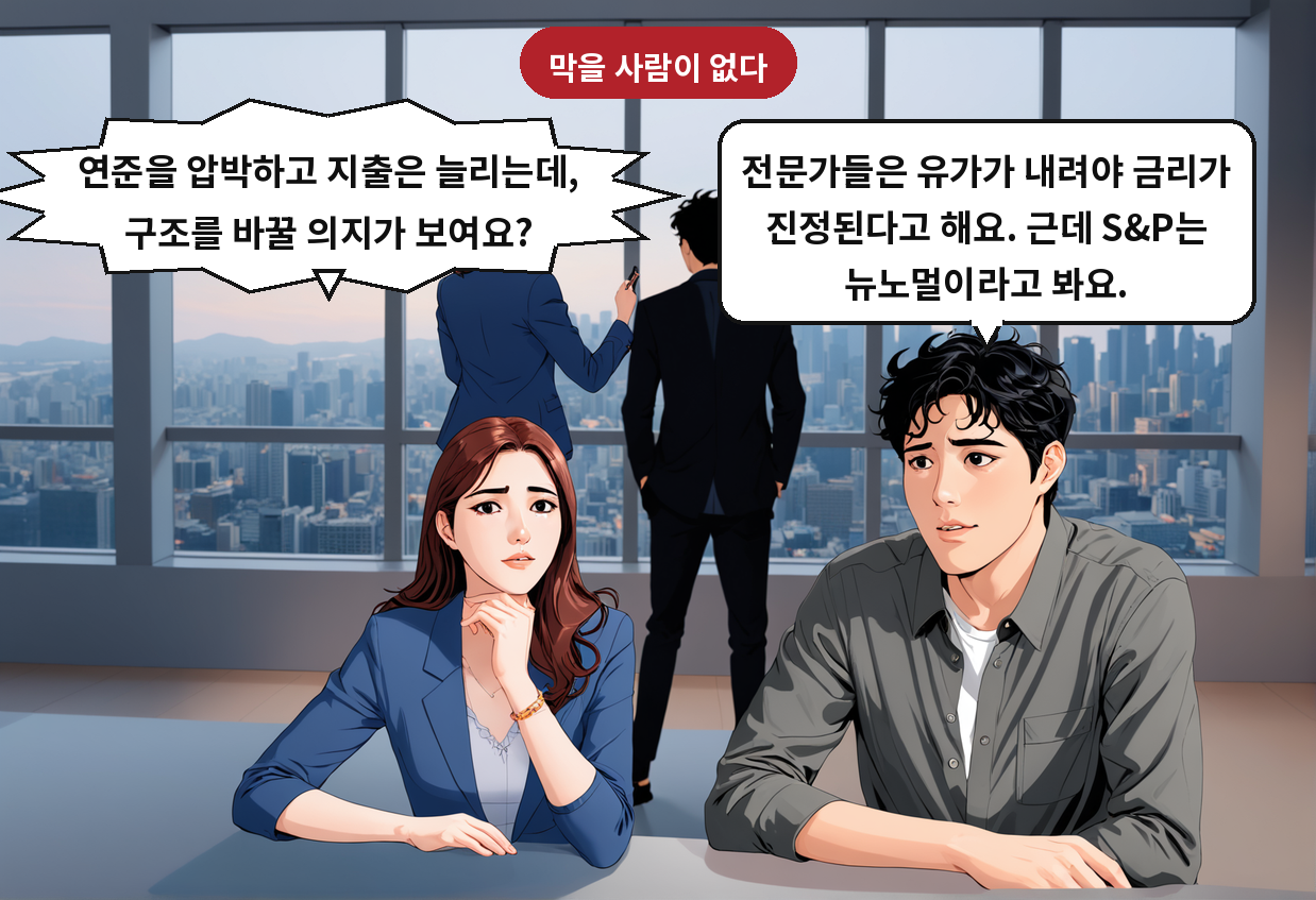 A: 전문가들은 유가가 내려야 금리가 진정된다고 해요. 근데 S&P는 뉴노멀이라고 봐요. B: 연준을 압박하고 지출은 늘리는데, 구조를 바꿀 의지가 보여요?