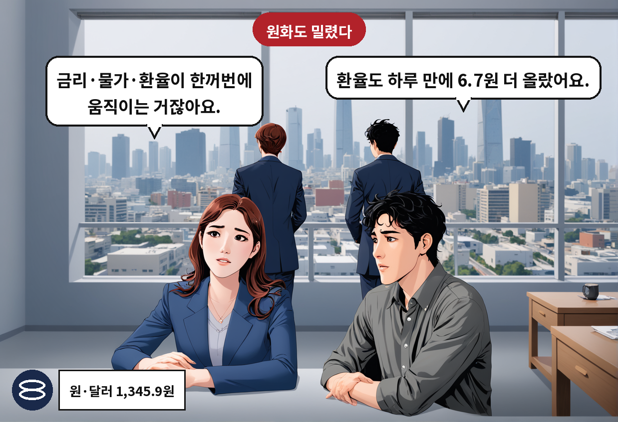 B: 환율도 하루 만에 6.7원 더 올랐어요. A: 금리·물가·환율이 한꺼번에 움직이는 거잖아요.