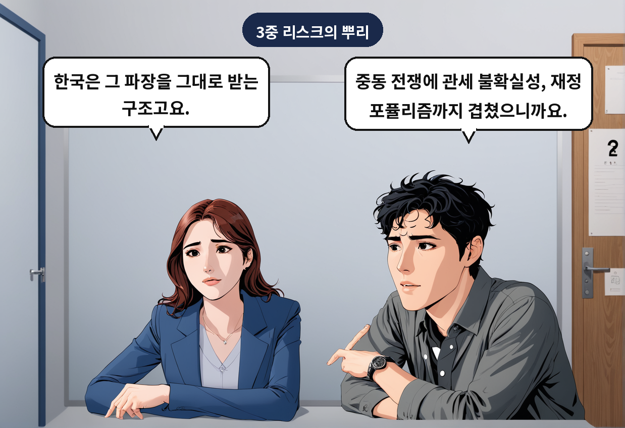 B: 중동 전쟁에 관세 불확실성, 재정 포퓰리즘까지 겹쳤으니까요. A: 한국은 그 파장을 그대로 받는 구조고요.