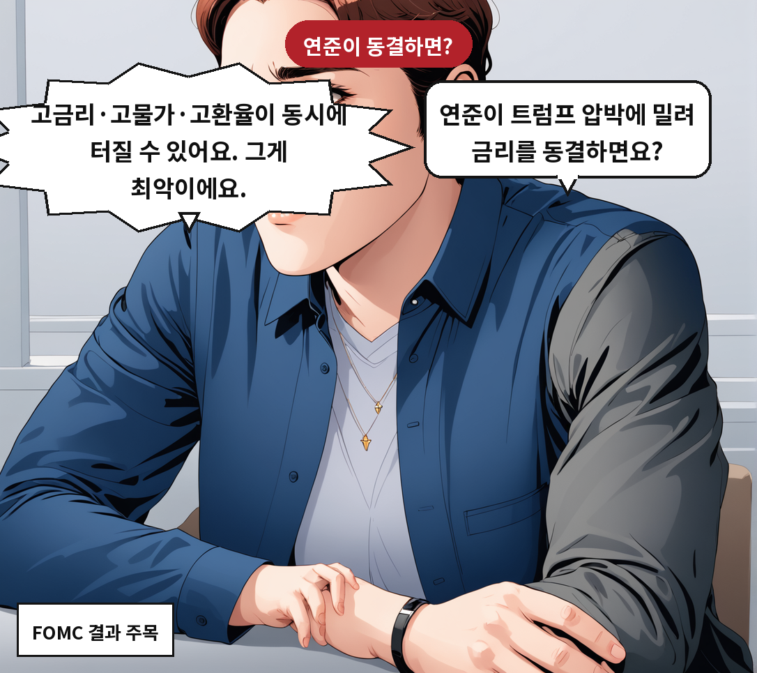 A: 연준이 트럼프 압박에 밀려 금리를 동결하면요? B: 고금리·고물가·고환율이 동시에 터질 수 있어요. 그게 최악이에요.
