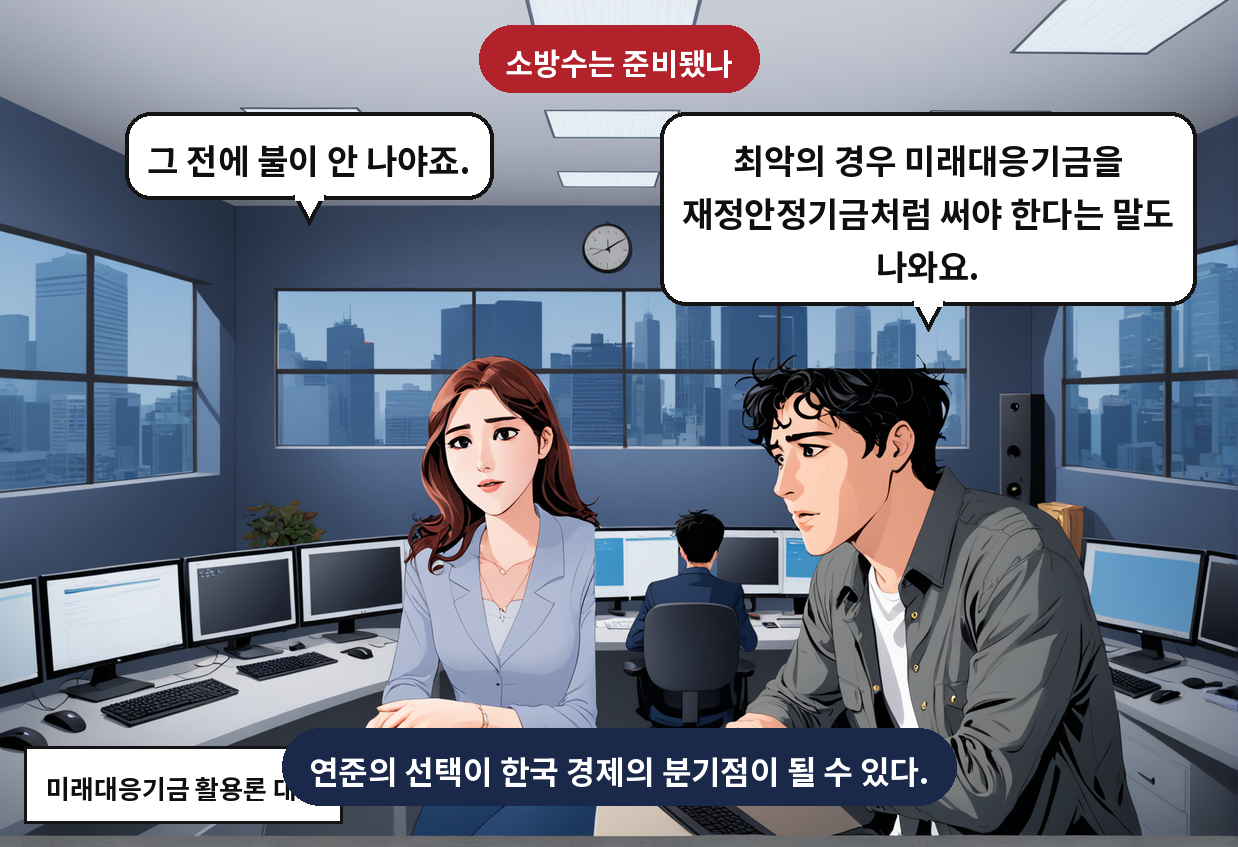 B: 최악의 경우 미래대응기금을 재정안정기금처럼 써야 한다는 말도 나와요. A: 그 전에 불이 안 나야죠.