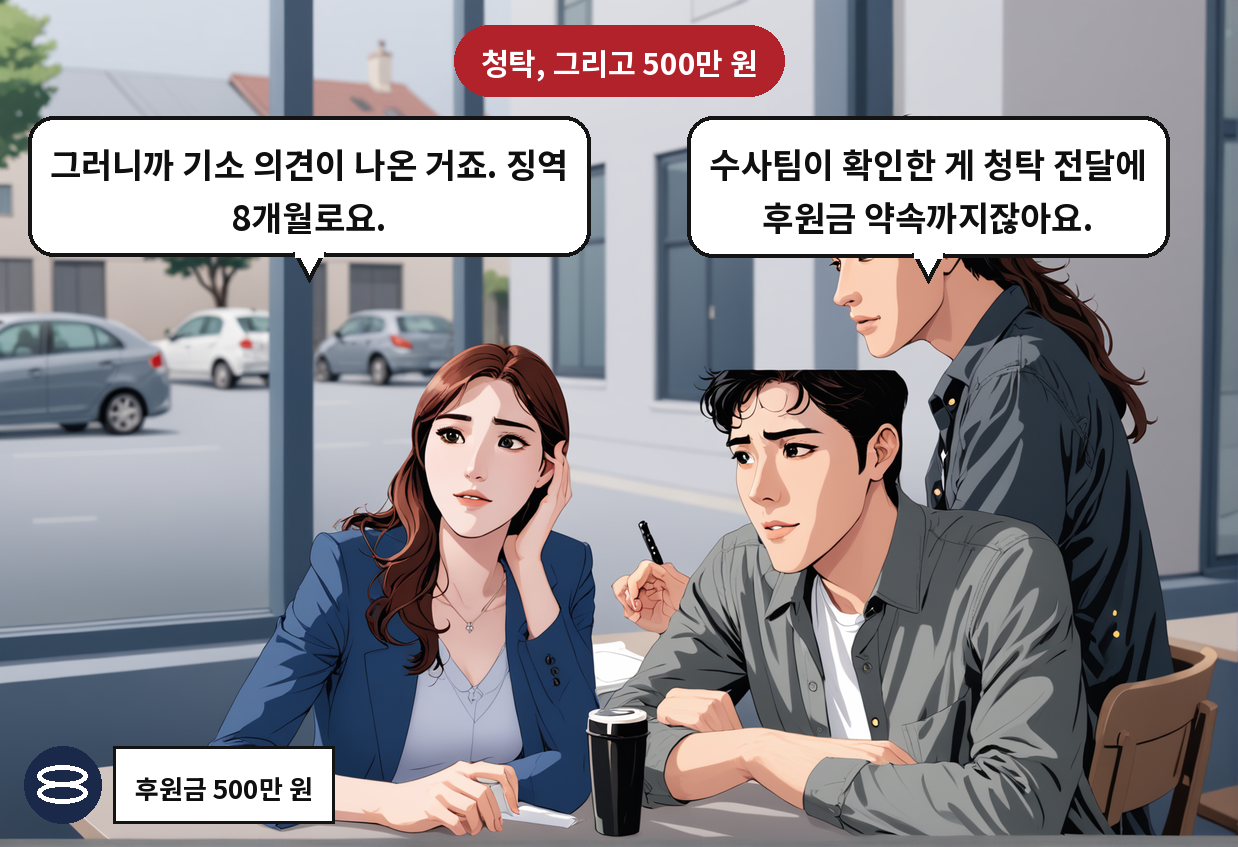 A: 수사팀이 확인한 게 청탁 전달에 후원금 약속까지잖아요. B: 그러니까 기소 의견이 나온 거죠. 징역 8개월로요.