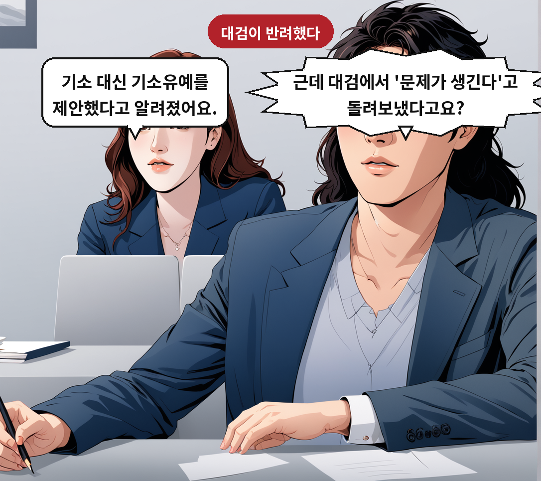 A: 근데 대검에서 '문제가 생긴다'고 돌려보냈다고요? B: 기소 대신 기소유예를 제안했다고 알려졌어요.