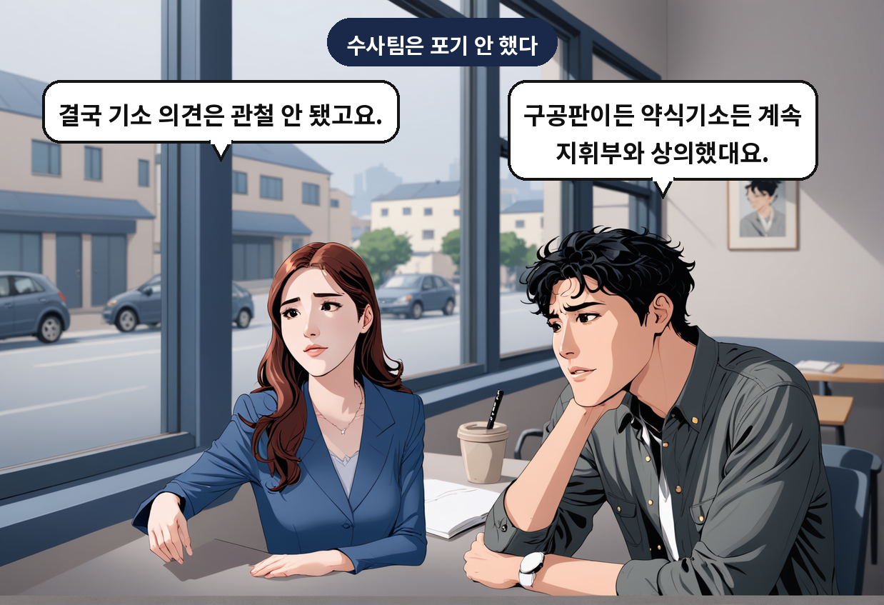 B: 구공판이든 약식기소든 계속 지휘부와 상의했대요. A: 결국 기소 의견은 관철 안 됐고요.
