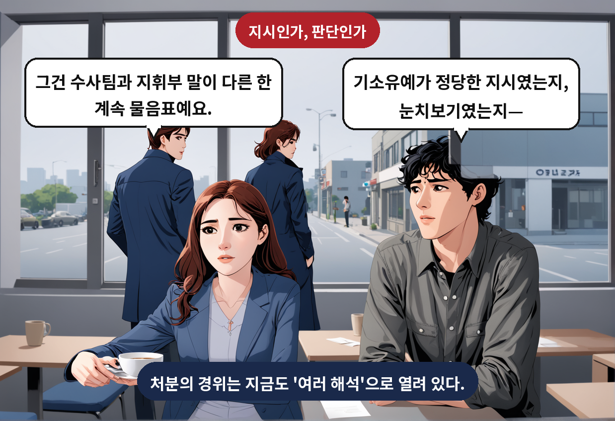 A: 기소유예가 정당한 지시였는지, 눈치보기였는지— B: 그건 수사팀과 지휘부 말이 다른 한 계속 물음표예요.