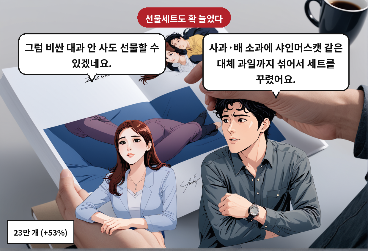 B: 사과·배 소과에 샤인머스캣 같은 대체 과일까지 섞어서 세트를 꾸렸어요. A: 그럼 비싼 대과 안 사도 선물할 수 있겠네요.