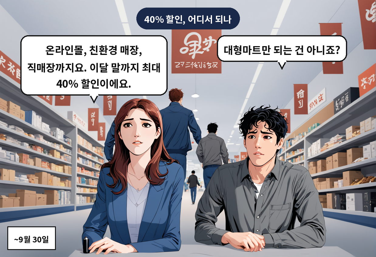 A: 대형마트만 되는 건 아니죠? B: 온라인몰, 친환경 매장, 직매장까지요. 이달 말까지 최대 40% 할인이에요.
