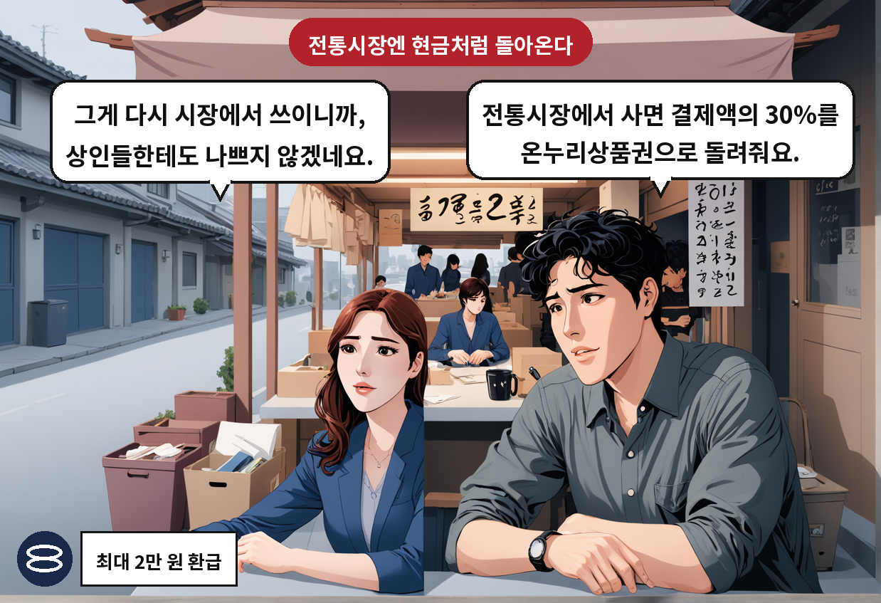 B: 전통시장에서 사면 결제액의 30%를 온누리상품권으로 돌려줘요. A: 그게 다시 시장에서 쓰이니까, 상인들한테도 나쁘지 않겠네요.