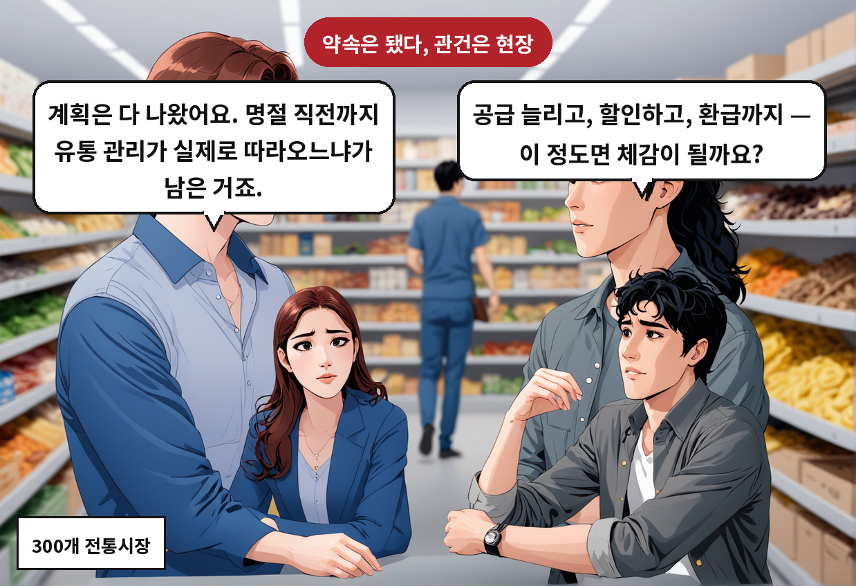 A: 공급 늘리고, 할인하고, 환급까지 — 이 정도면 체감이 될까요? B: 계획은 다 나왔어요. 명절 직전까지 유통 관리가 실제로 따라오느냐가 남은 거죠.