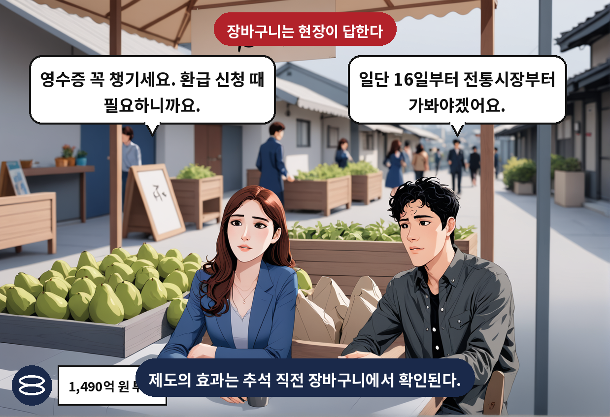 A: 일단 16일부터 전통시장부터 가봐야겠어요. B: 영수증 꼭 챙기세요. 환급 신청 때 필요하니까요.