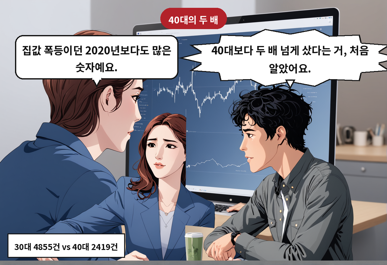 A: 40대보다 두 배 넘게 샀다는 거, 처음 알았어요. B: 집값 폭등이던 2020년보다도 많은 숫자예요.