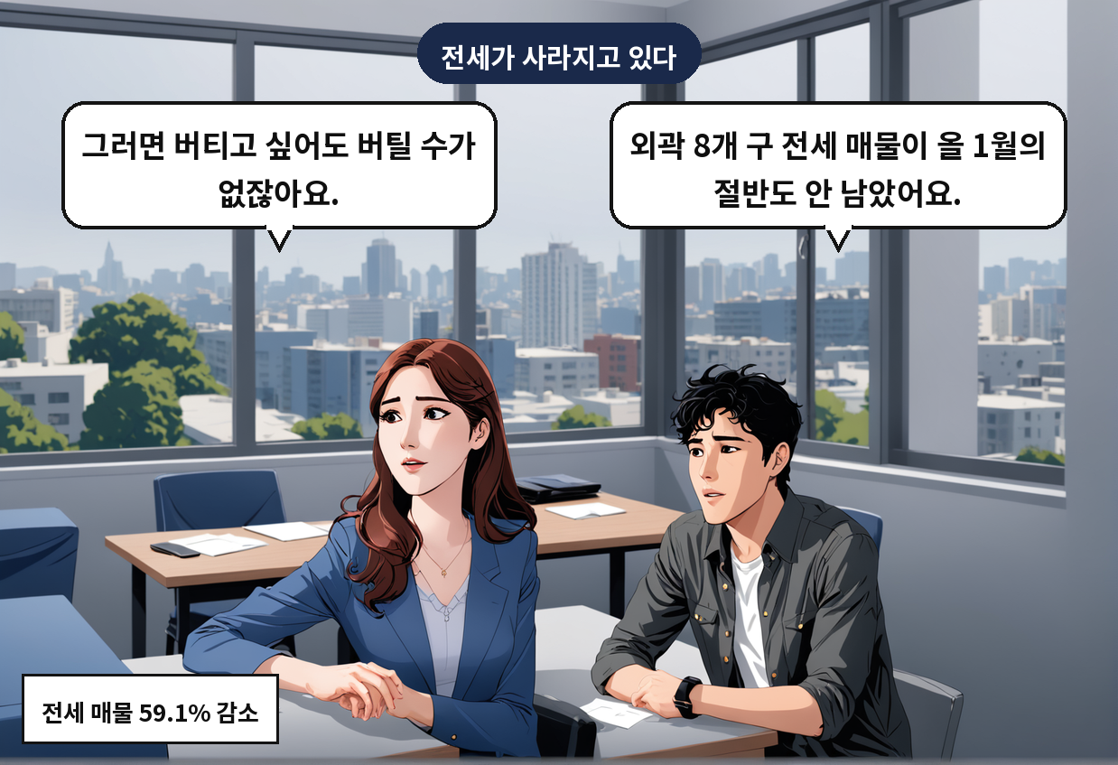 B: 외곽 8개 구 전세 매물이 올 1월의 절반도 안 남았어요. A: 그러면 버티고 싶어도 버틸 수가 없잖아요.