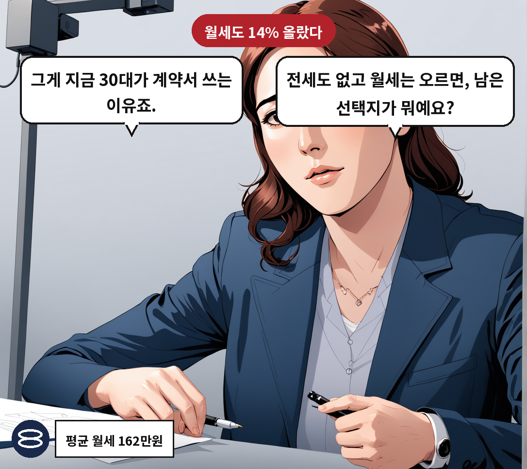 A: 전세도 없고 월세는 오르면, 남은 선택지가 뭐예요? B: 그게 지금 30대가 계약서 쓰는 이유죠.