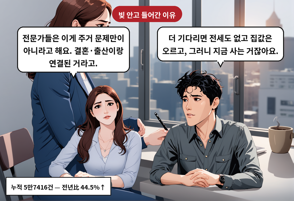 A: 더 기다리면 전세도 없고 집값은 오르고, 그러니 지금 사는 거잖아요. B: 전문가들은 이게 주거 문제만이 아니라고 해요. 결혼·출산이랑 연결된 거라고.