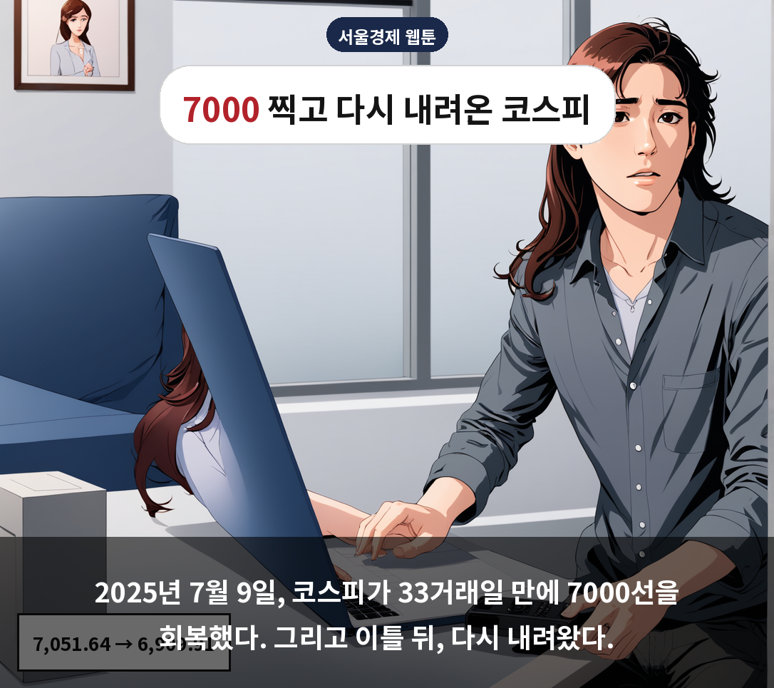 2025년 7월 9일, 코스피가 33거래일 만에 7000선을 회복했다. 그리고 이틀 뒤, 다시 내려왔다.