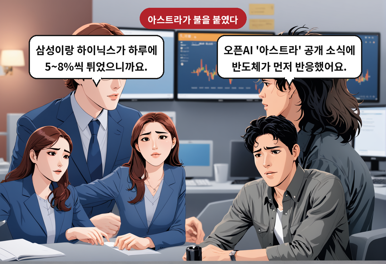 A: 오픈AI '아스트라' 공개 소식에 반도체가 먼저 반응했어요. B: 삼성이랑 하이닉스가 하루에 5~8%씩 튀었으니까요.