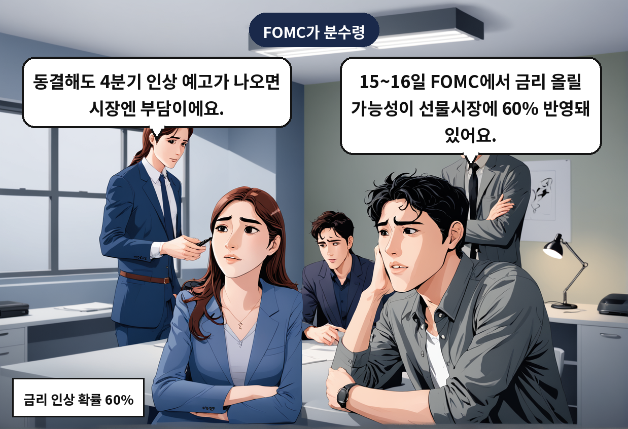 B: 15~16일 FOMC에서 금리 올릴 가능성이 선물시장에 60% 반영돼 있어요. A: 동결해도 4분기 인상 예고가 나오면 시장엔 부담이에요.