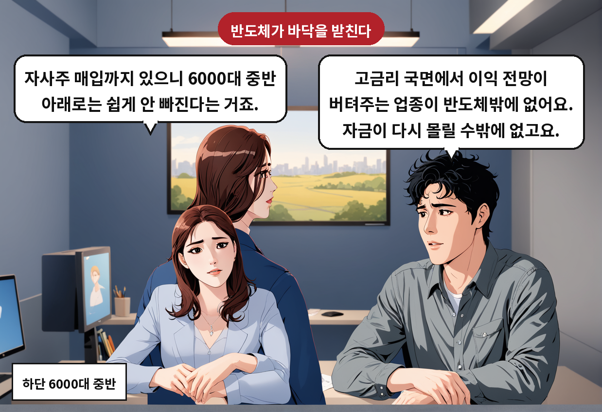 A: 고금리 국면에서 이익 전망이 버텨주는 업종이 반도체밖에 없어요. 자금이 다시 몰릴 수밖에 없고요. B: 자사주 매입까지 있으니 6000대 중반 아래로는 쉽게 안 빠진다는 거죠.