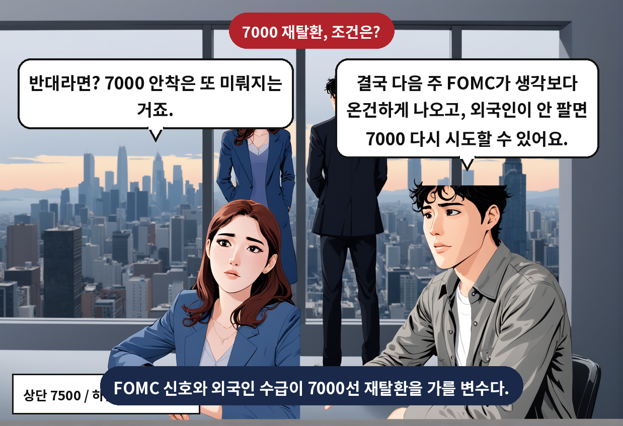 B: 결국 다음 주 FOMC가 생각보다 온건하게 나오고, 외국인이 안 팔면 7000 다시 시도할 수 있어요. A: 반대라면? 7000 안착은 또 미뤄지는 거죠.