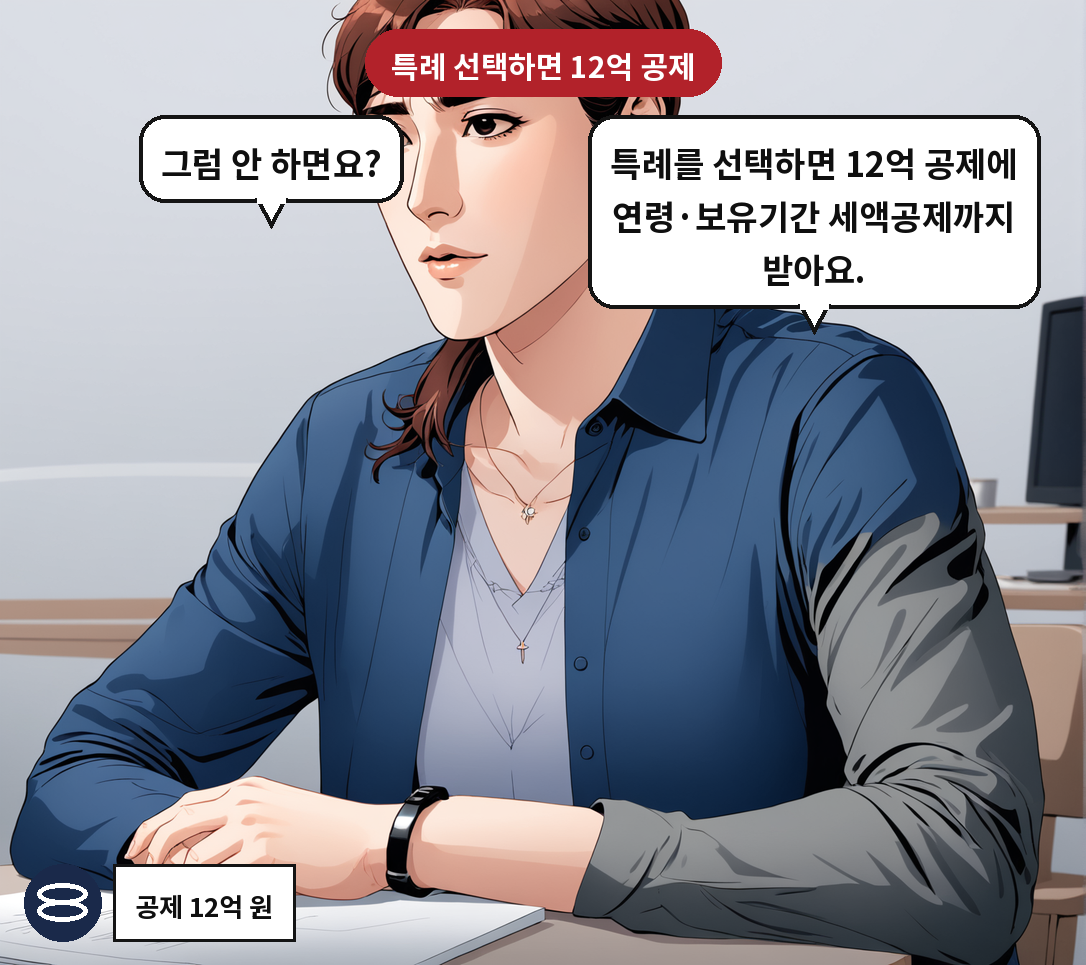B: 특례를 선택하면 12억 공제에 연령·보유기간 세액공제까지 받아요. A: 그럼 안 하면요?