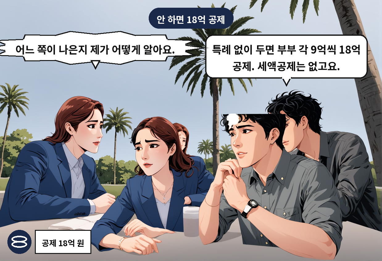 B: 특례 없이 두면 부부 각 9억씩 18억 공제. 세액공제는 없고요. A: 어느 쪽이 나은지 제가 어떻게 알아요.