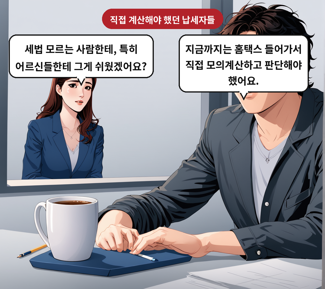 B: 지금까지는 홈택스 들어가서 직접 모의계산하고 판단해야 했어요. A: 세법 모르는 사람한테, 특히 어르신들한테 그게 쉬웠겠어요?