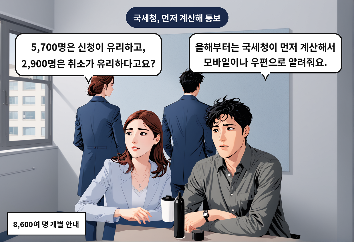 B: 올해부터는 국세청이 먼저 계산해서 모바일이나 우편으로 알려줘요. A: 5,700명은 신청이 유리하고, 2,900명은 취소가 유리하다고요?