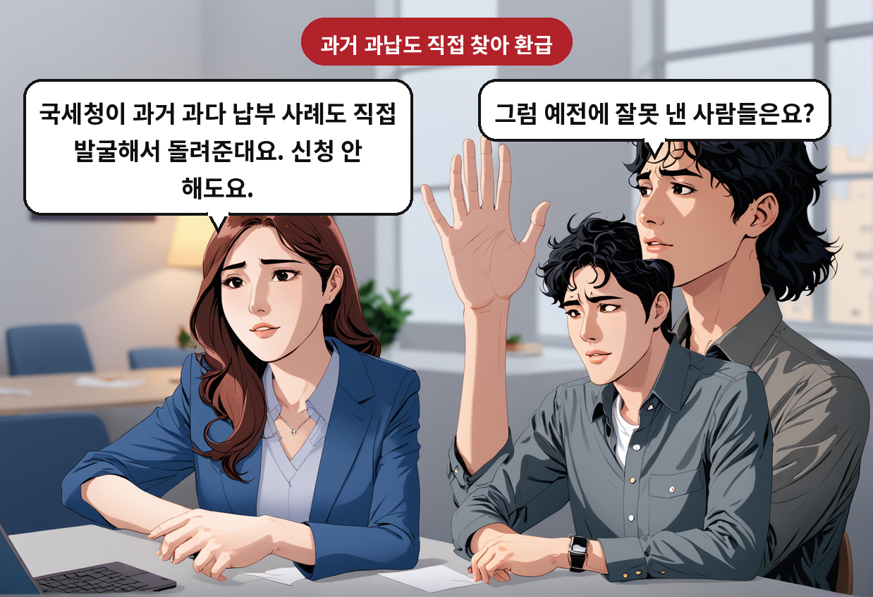 A: 그럼 예전에 잘못 낸 사람들은요? B: 국세청이 과거 과다 납부 사례도 직접 발굴해서 돌려준대요. 신청 안 해도요.