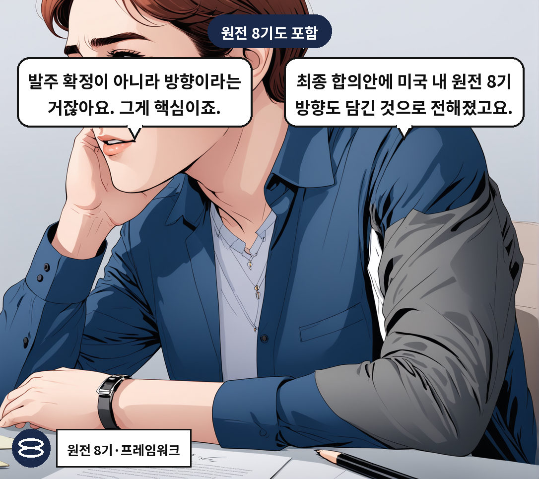 A: 최종 합의안에 미국 내 원전 8기 방향도 담긴 것으로 전해졌고요. B: 발주 확정이 아니라 방향이라는 거잖아요. 그게 핵심이죠.