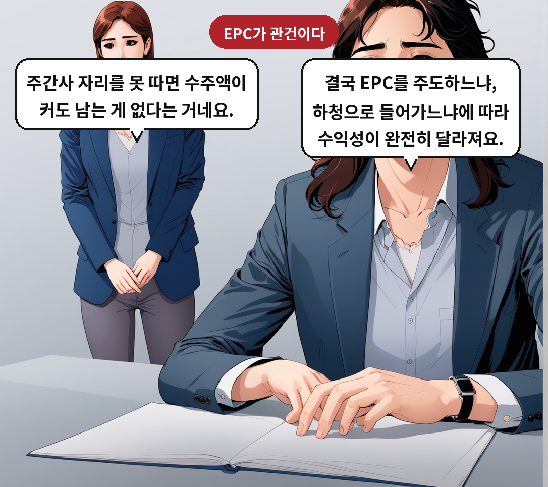 A: 결국 EPC를 주도하느냐, 하청으로 들어가느냐에 따라 수익성이 완전히 달라져요. B: 주간사 자리를 못 따면 수주액이 커도 남는 게 없다는 거네요.