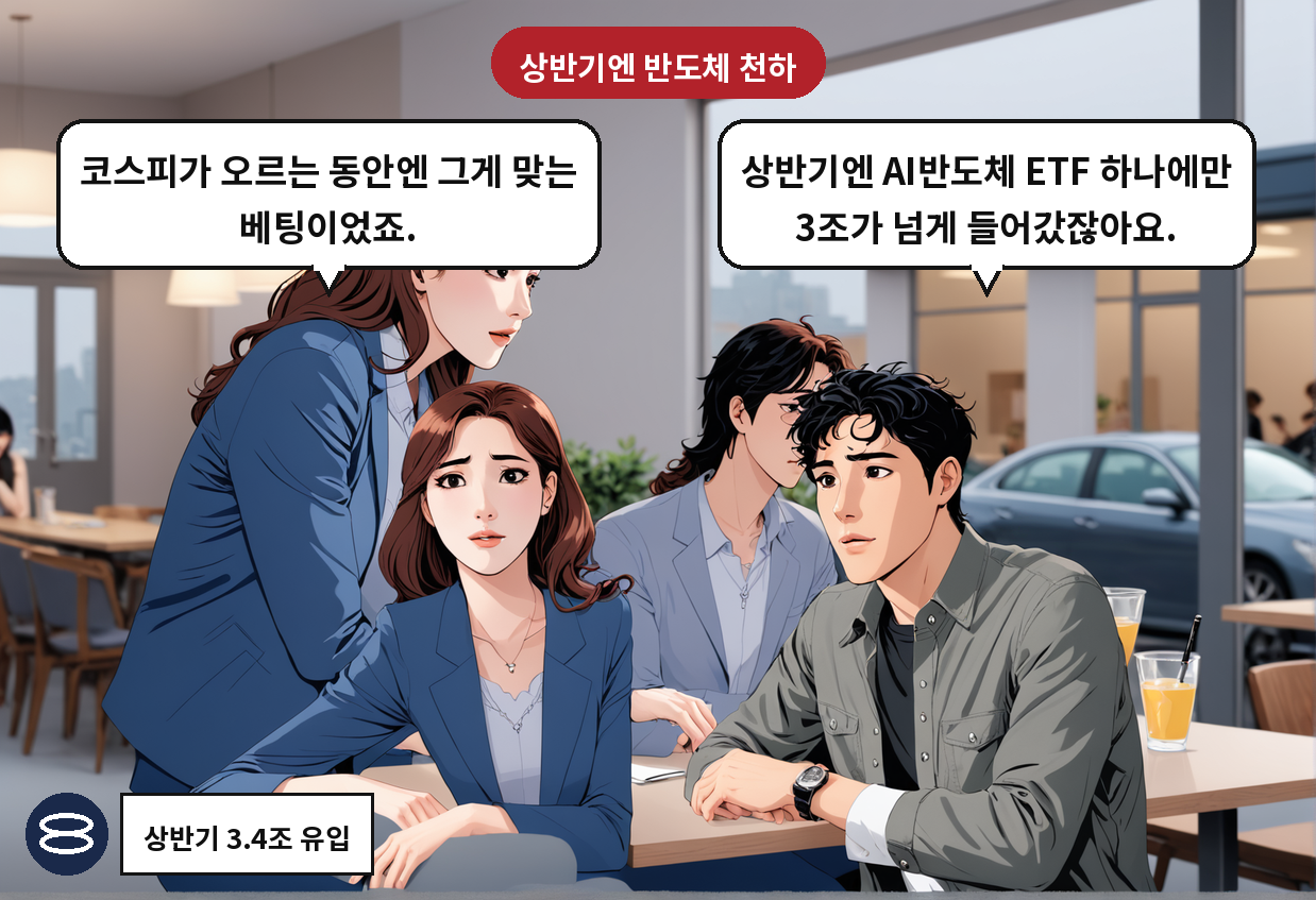 A: 상반기엔 AI반도체 ETF 하나에만 3조가 넘게 들어갔잖아요. B: 코스피가 오르는 동안엔 그게 맞는 베팅이었죠.