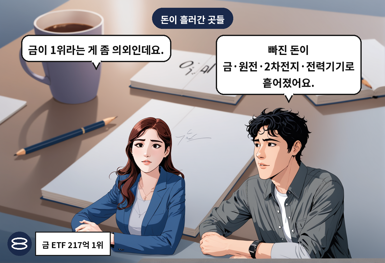 B: 빠진 돈이 금·원전·2차전지·전력기기로 흩어졌어요. A: 금이 1위라는 게 좀 의외인데요.