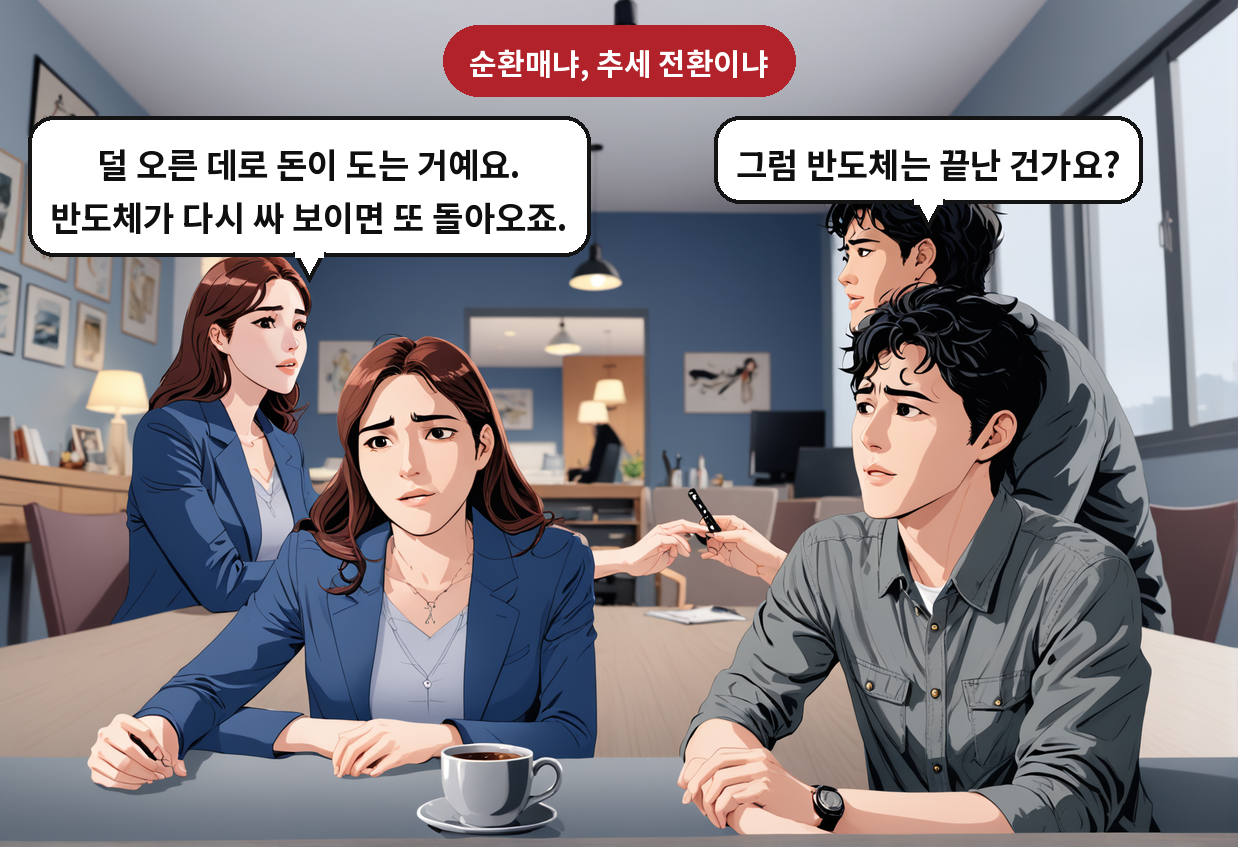 A: 그럼 반도체는 끝난 건가요? B: 덜 오른 데로 돈이 도는 거예요. 반도체가 다시 싸 보이면 또 돌아오죠.