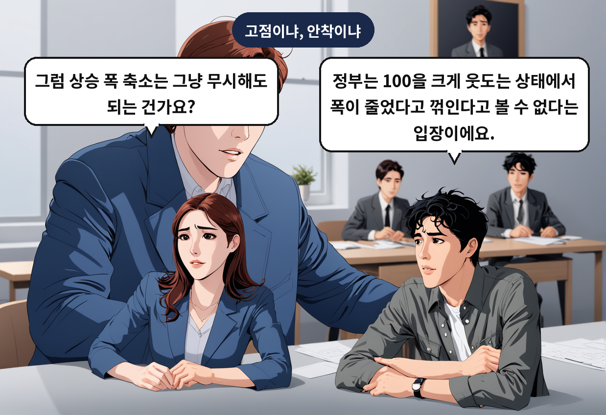 B: 정부는 100을 크게 웃도는 상태에서 폭이 줄었다고 꺾인다고 볼 수 없다는 입장이에요. A: 그럼 상승 폭 축소는 그냥 무시해도 되는 건가요?