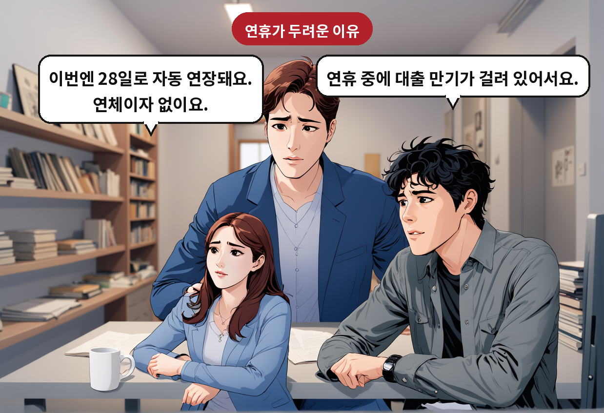 A: 연휴 중에 대출 만기가 걸려 있어서요. B: 이번엔 28일로 자동 연장돼요. 연체이자 없이요.