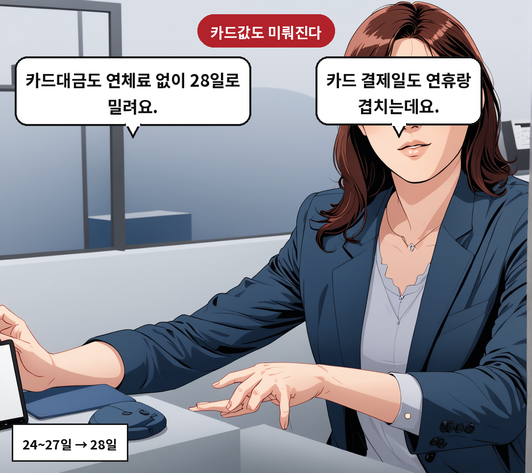 A: 카드 결제일도 연휴랑 겹치는데요. B: 카드대금도 연체료 없이 28일로 밀려요.