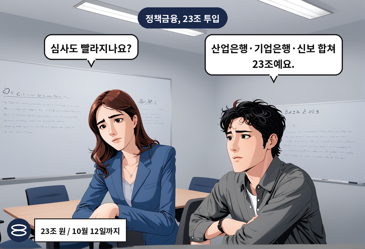 B: 산업은행·기업은행·신보 합쳐 23조예요. A: 심사도 빨라지나요?