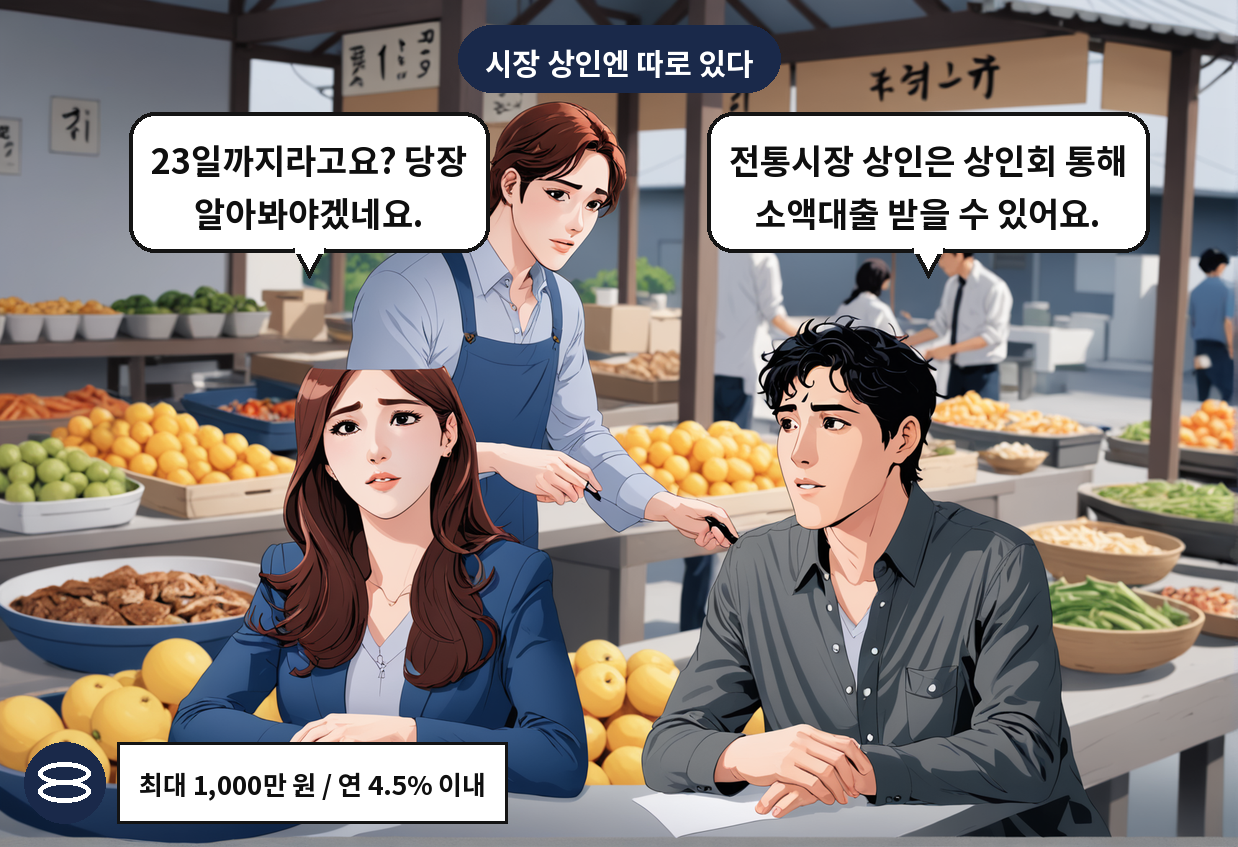 B: 전통시장 상인은 상인회 통해 소액대출 받을 수 있어요. A: 23일까지라고요? 당장 알아봐야겠네요.