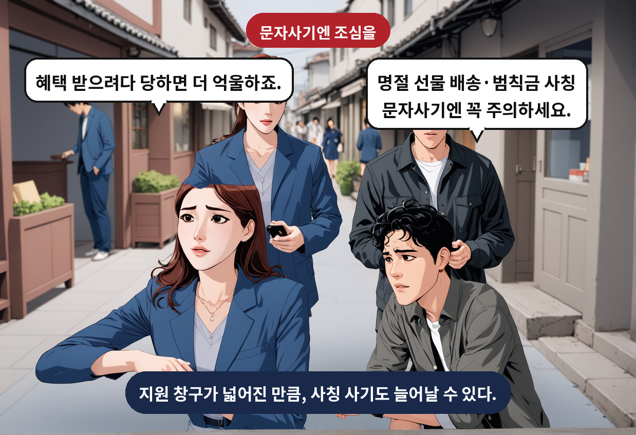 B: 명절 선물 배송·범칙금 사칭 문자사기엔 꼭 주의하세요. A: 혜택 받으려다 당하면 더 억울하죠.