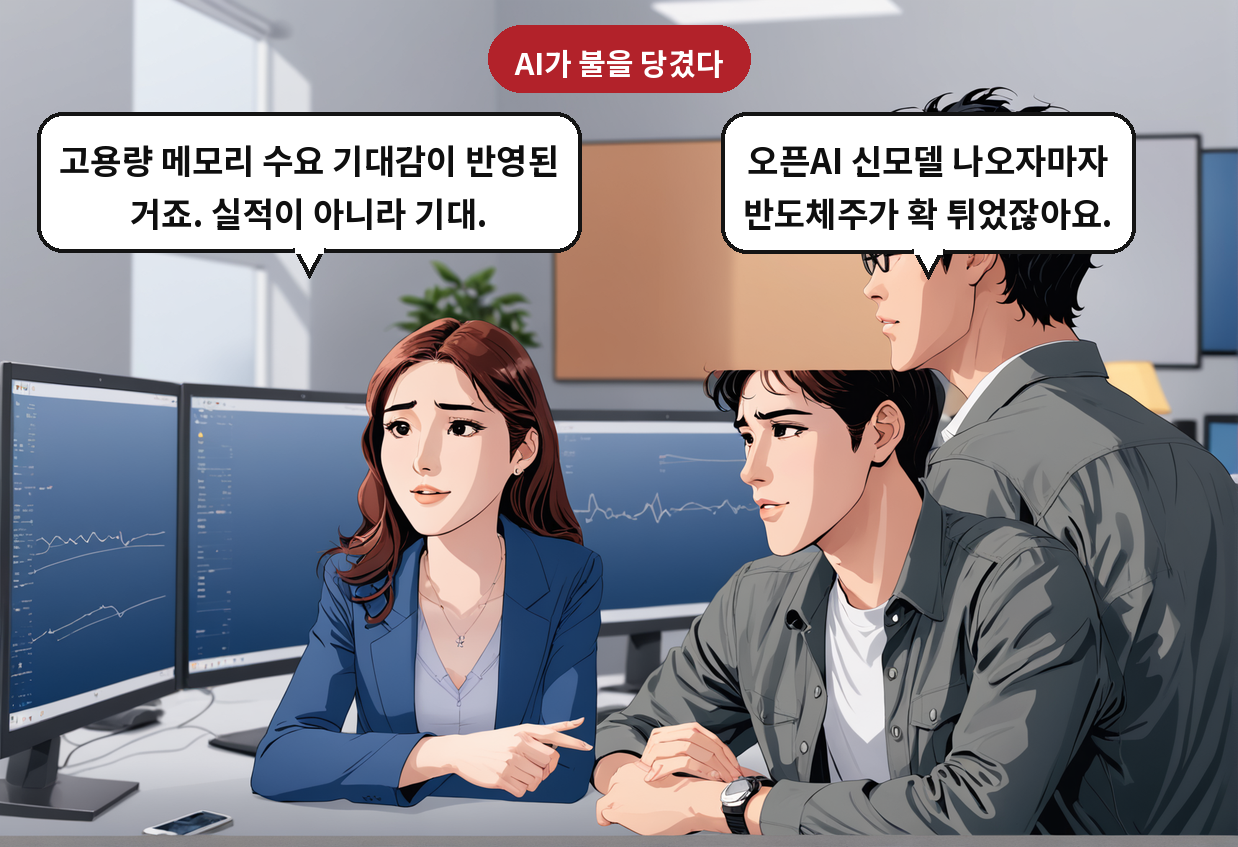 A: 오픈AI 신모델 나오자마자 반도체주가 확 튀었잖아요. B: 고용량 메모리 수요 기대감이 반영된 거죠. 실적이 아니라 기대.